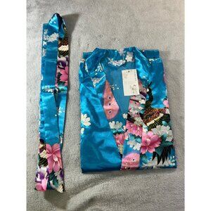 Zhong Sang Kimono Women's Large Long Blue Peacock & Floral Print Twisting Satin